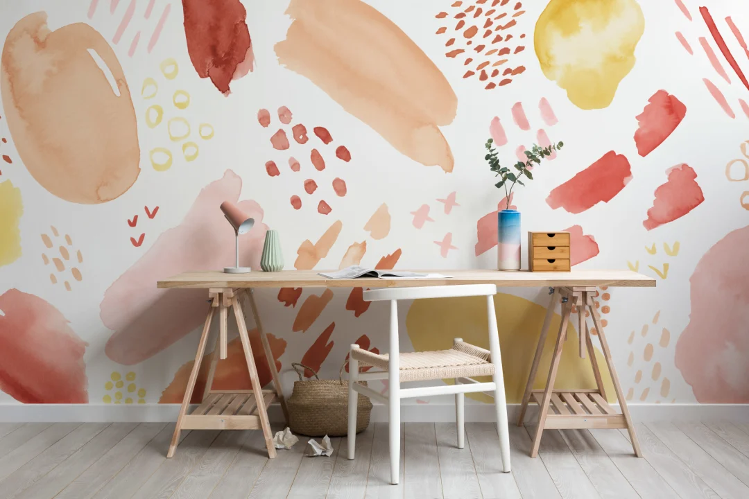 Peach & Orange Abstract Watercolor Brush Marks Wallpaper Mural