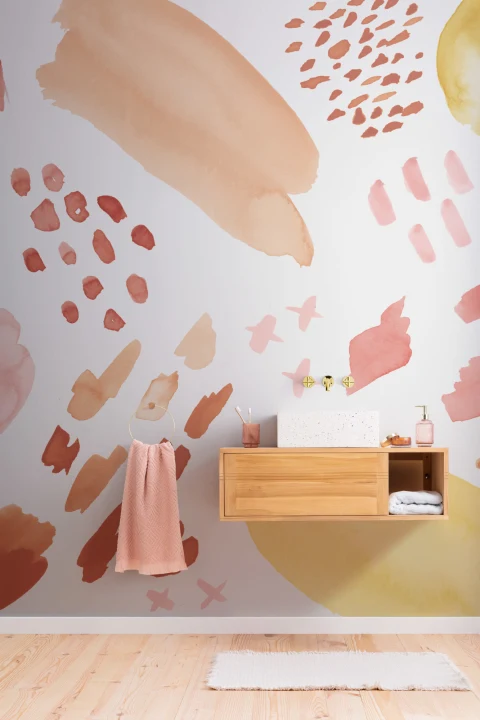 Mural Papel Pintado Acuarela con Formas Abstractas Naranjas y Melocotón