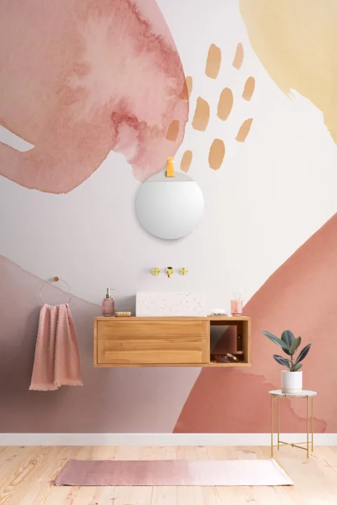 Mural Papel Pintado Acuarela con Formas Abstractas Color Melocotón y Rojo Arcilla