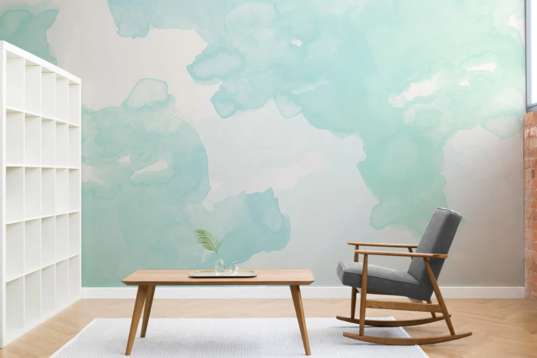 Pastel Green & Blue Ombre Watercolor Inkspill Wall Mural