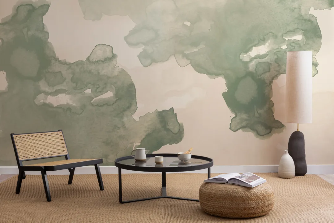 Sage Green Ombre Watercolor Inkspill Wall Mural