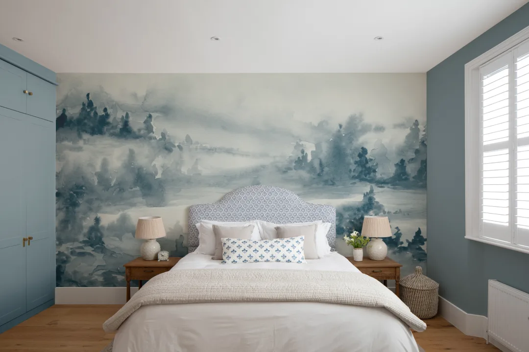 Blue Watercolor Forest Serenity Art Mural