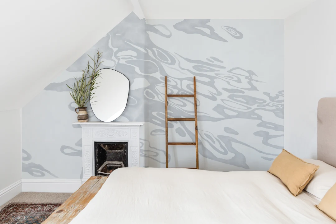 Gray Hand Painted Swirling Water Mural