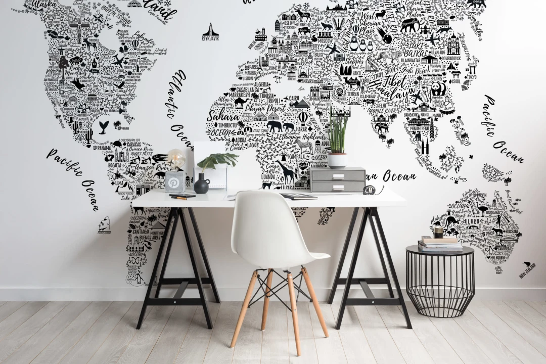 Black & White Typography Map Wallpaper Mural