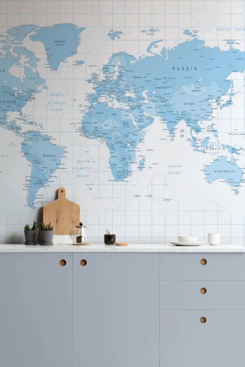 Papier Peint Panoramique Carte Détaillée du Monde Bleue