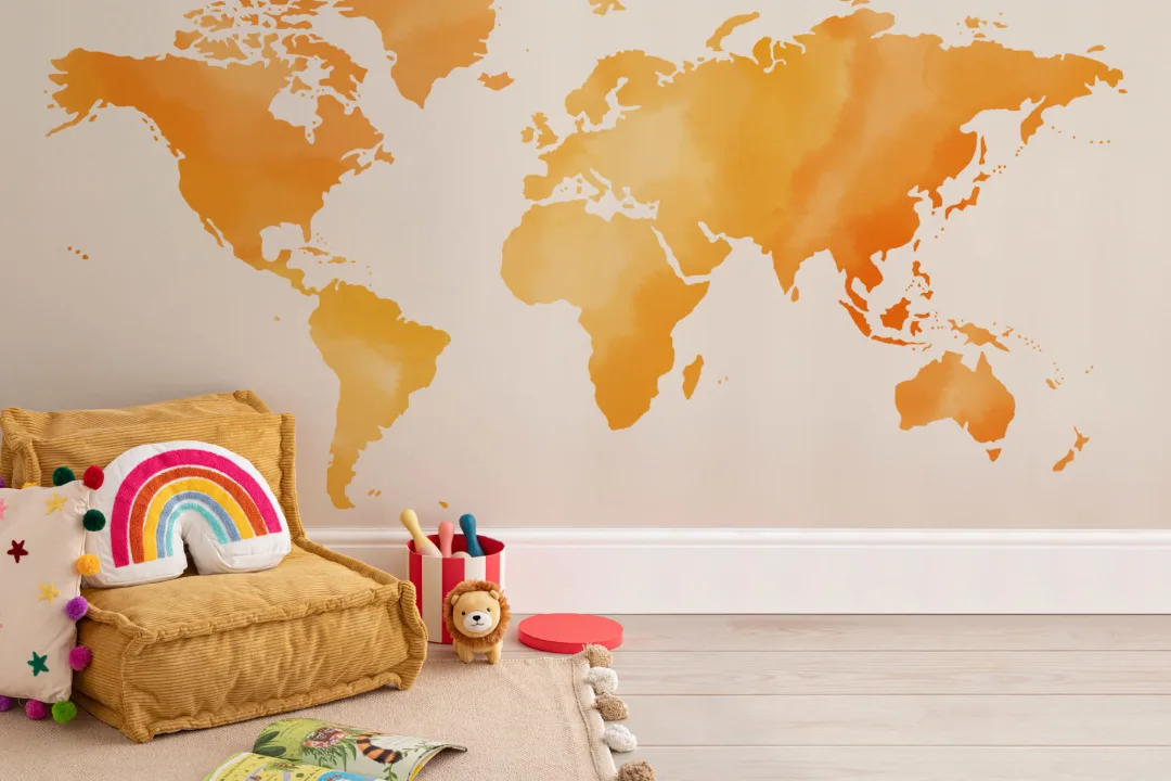 Mural Papel Pintado Mapamundi Naranja y Amarillo a la Acuarela