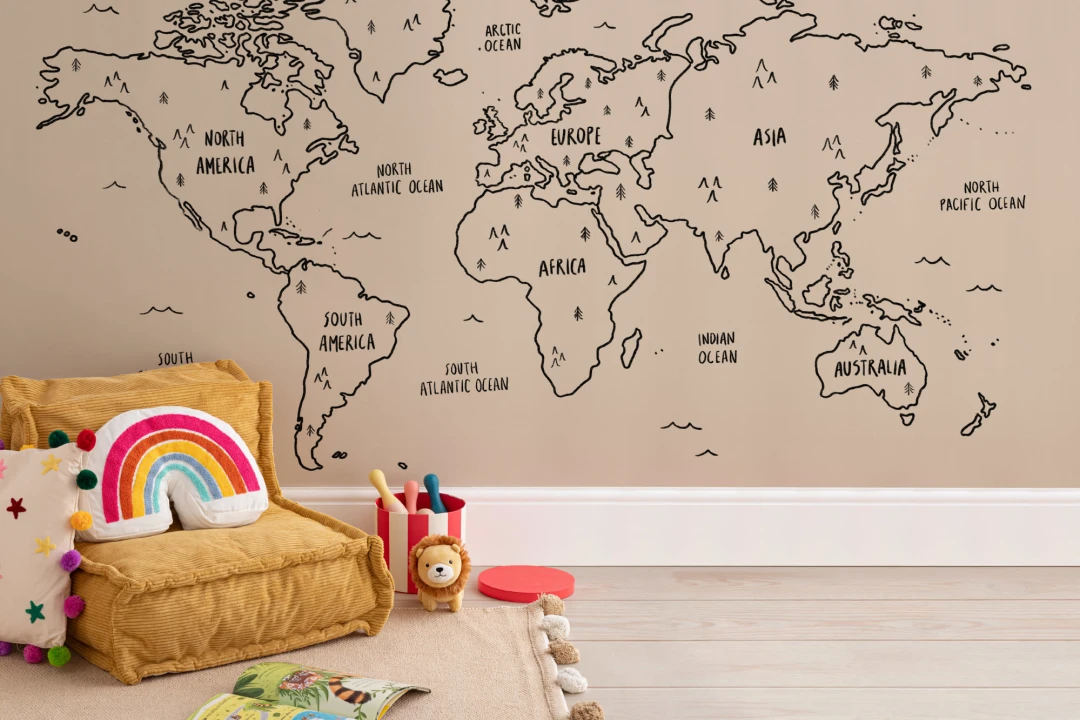 Neutral Illustrated Scandi World Map Wallpaper Mural