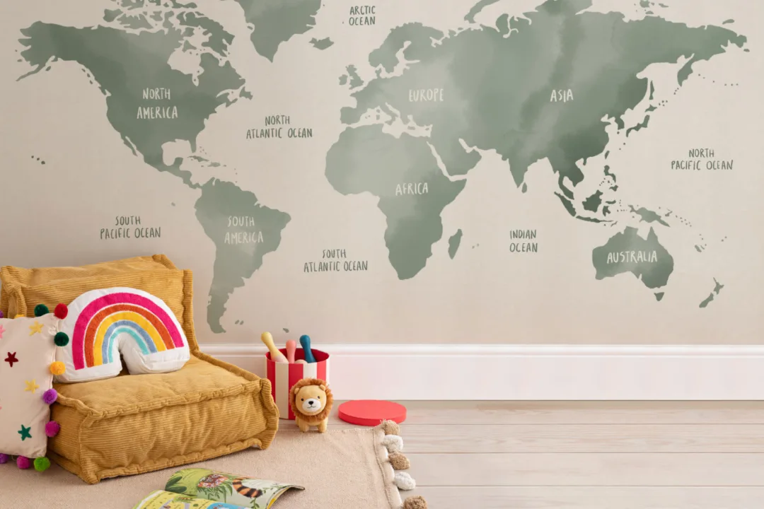 Mural Papel Pintado Mapamundi en Acuarela Verde Salvia