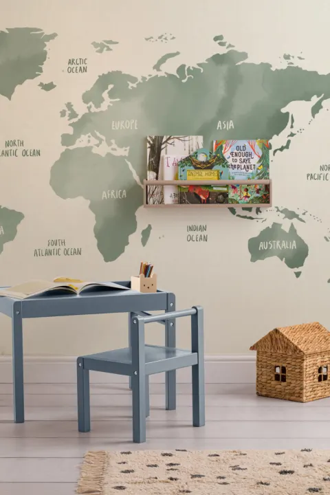 Sage Green & Neutral Watercolor World Map Wallpaper Mural