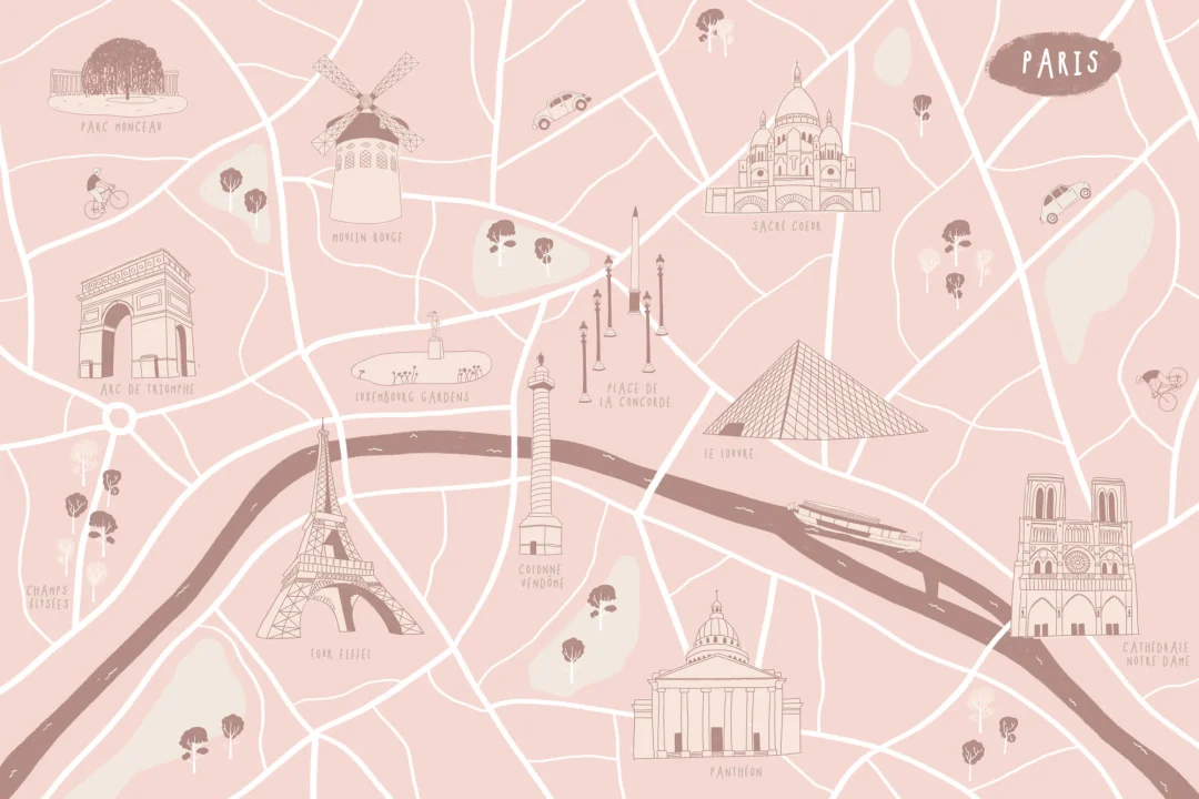 Paris City Street Map Illustrated Landmarks Wallpaper Mural
