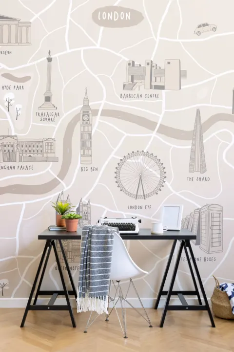 Carta da Parati Marrone e Beige con Mappa Illustrata dei Monumenti di Londra