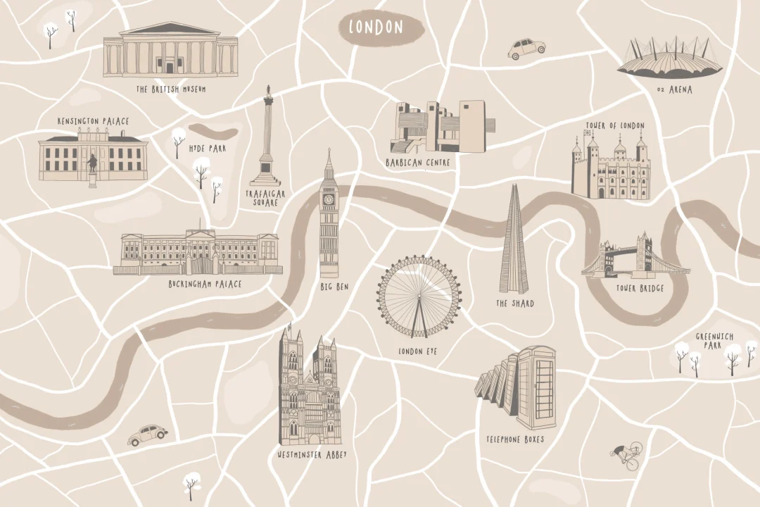 London City Street Map Illustrated Landmarks Wallpaper Mural