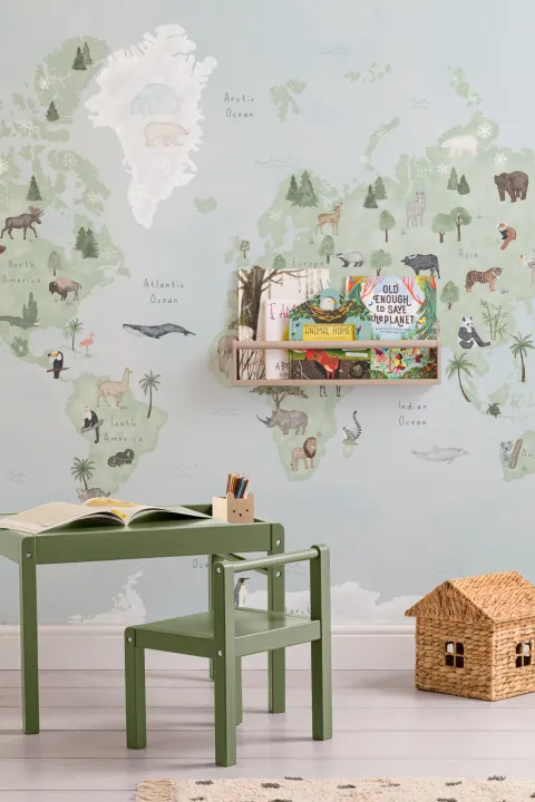 Kids Blue Watercolor Animals World Map Wallpaper Mural