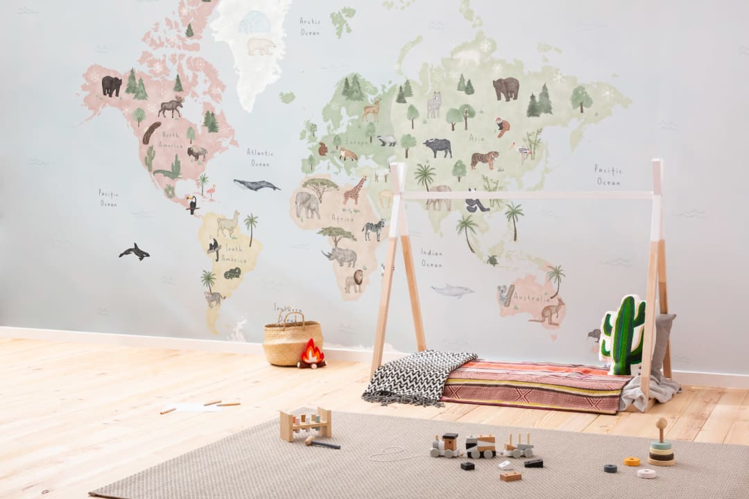 Kids Colorful Animals World Map Wallpaper Mural