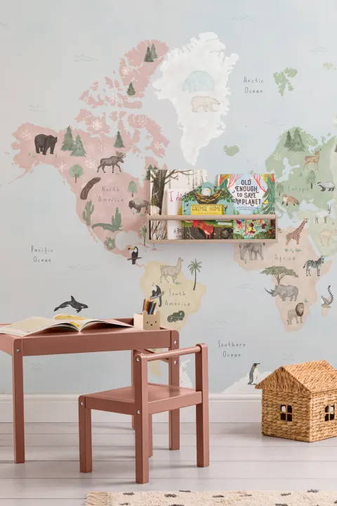 Kids Colorful Animals World Map Wallpaper Mural