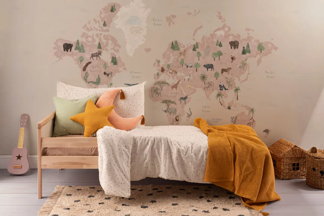 Cute Kids Watercolor Animals World Map Wallpaper Mural