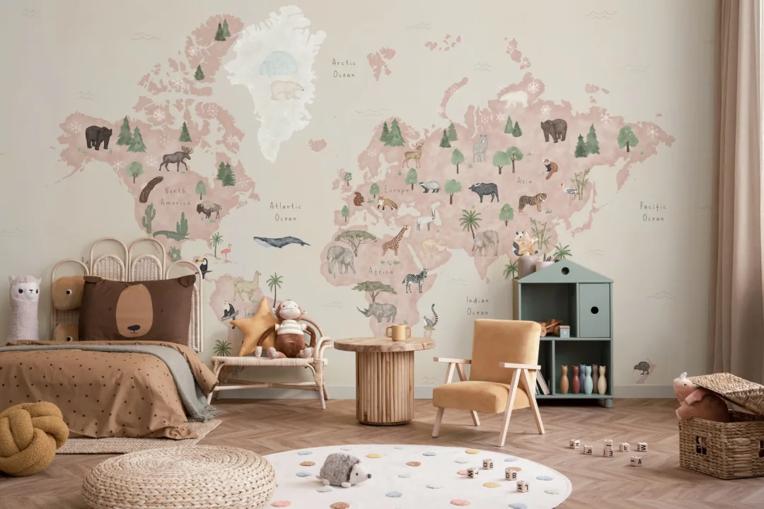Cute Kids Watercolor Animals World Map Wallpaper Mural