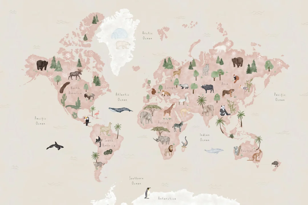 Cute Kids Watercolor Animals World Map Wallpaper Mural