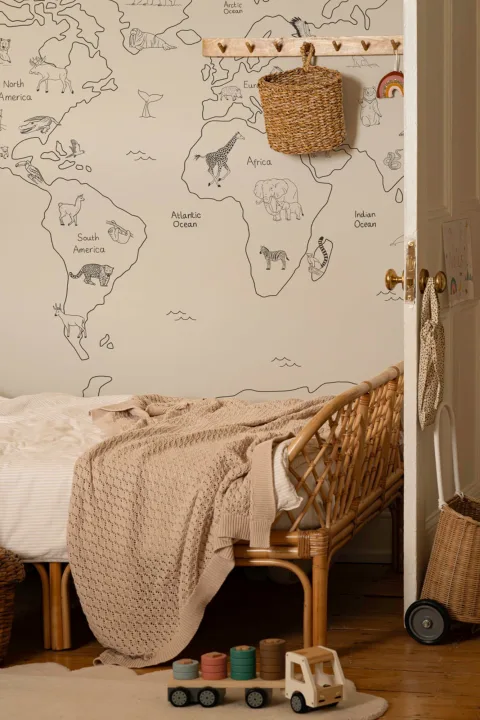 Kids Minimalist Neutral World Map Wallpaper Mural