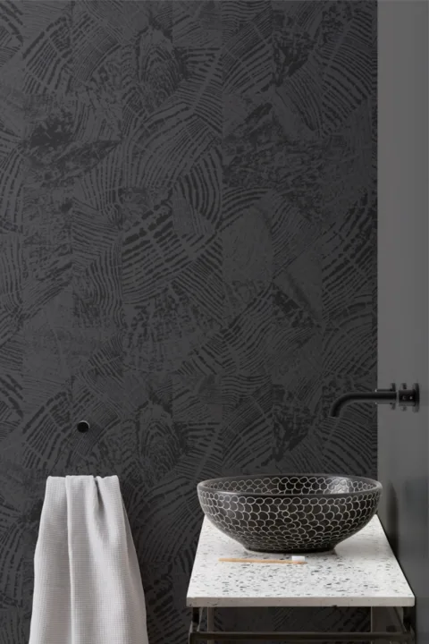Papier Peint Panoramique Imitation Bois avec Motif de Tronc d’Arbre en Noir et Gris