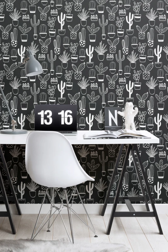 Black & White Nave Cactus Pattern Wallpaper - Hovia