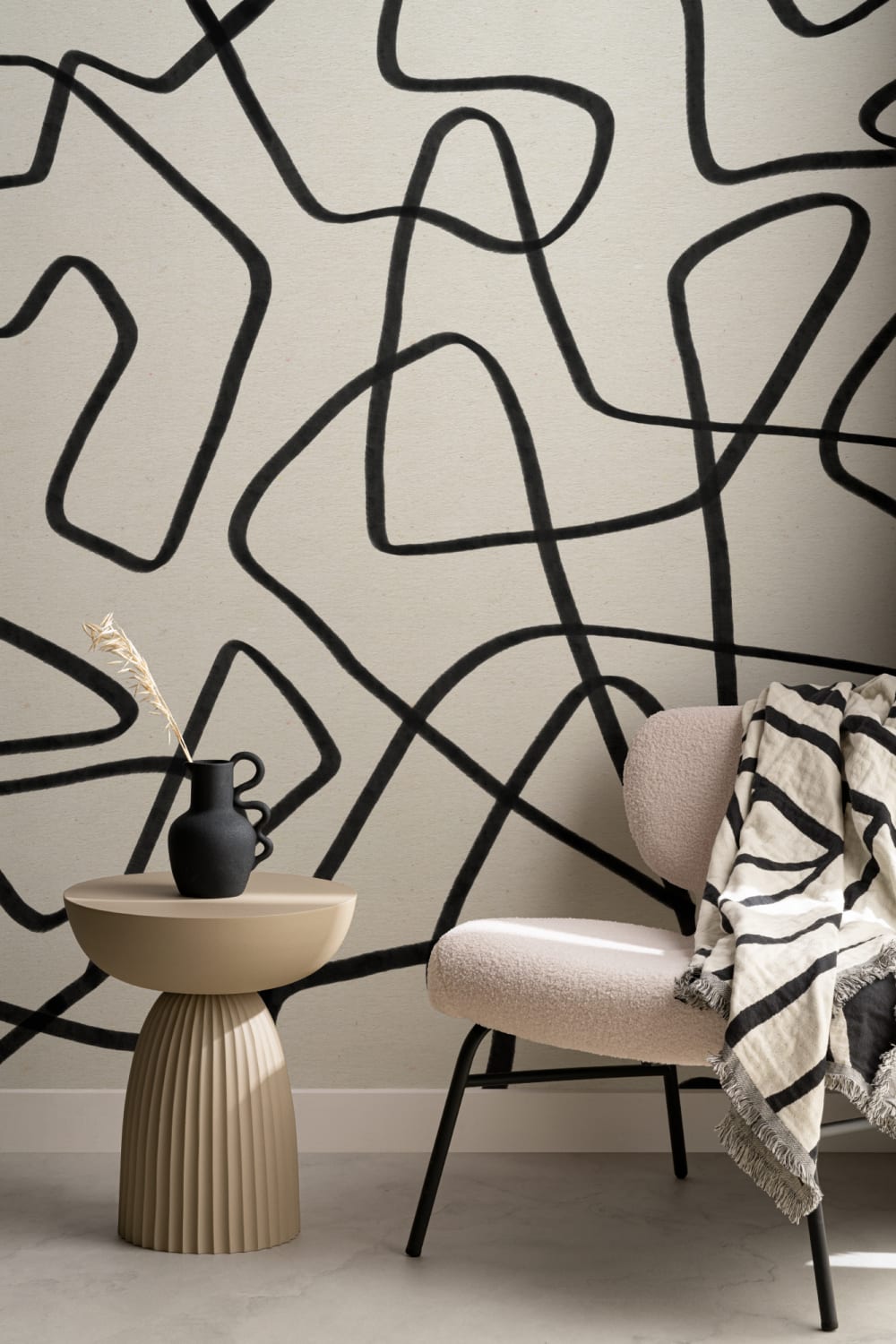 Black & Beige Abstract Doodle Wall Mural