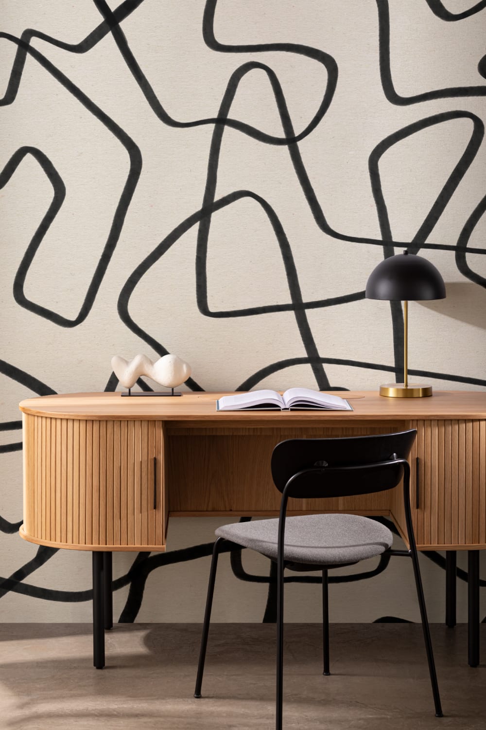 Black & Beige Abstract Doodle Wall Mural