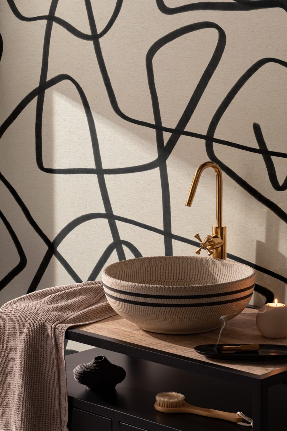 Black & Beige Abstract Doodle Wall Mural