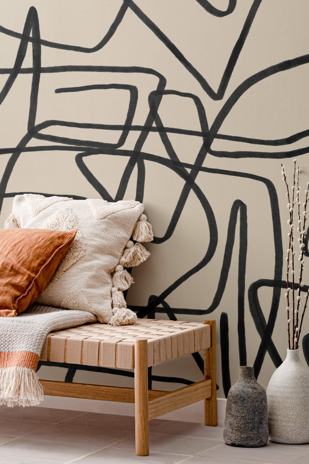Vet Zwart & Beige Doodle Abstract Behang Muurschildering