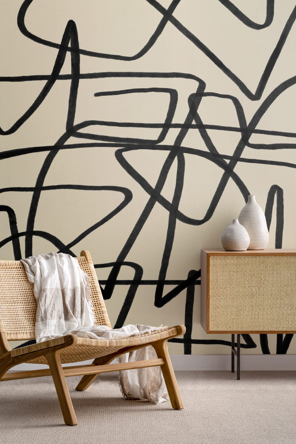 Vet Zwart & Beige Doodle Abstract Behang Muurschildering