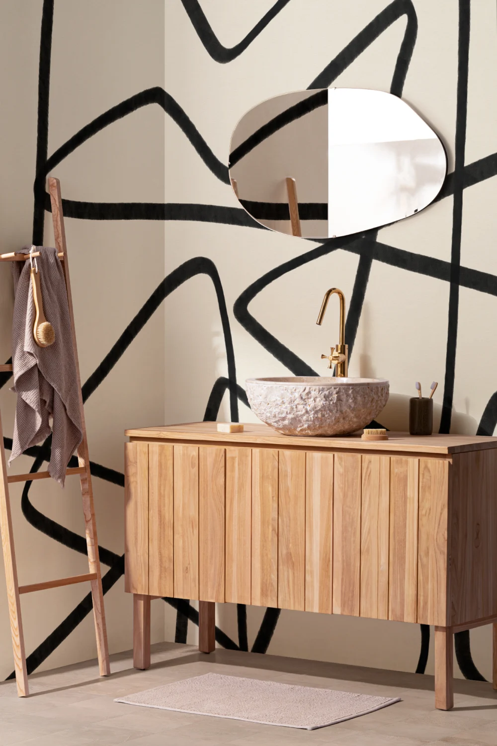Black & Beige Abstract Line Art Wall Mural