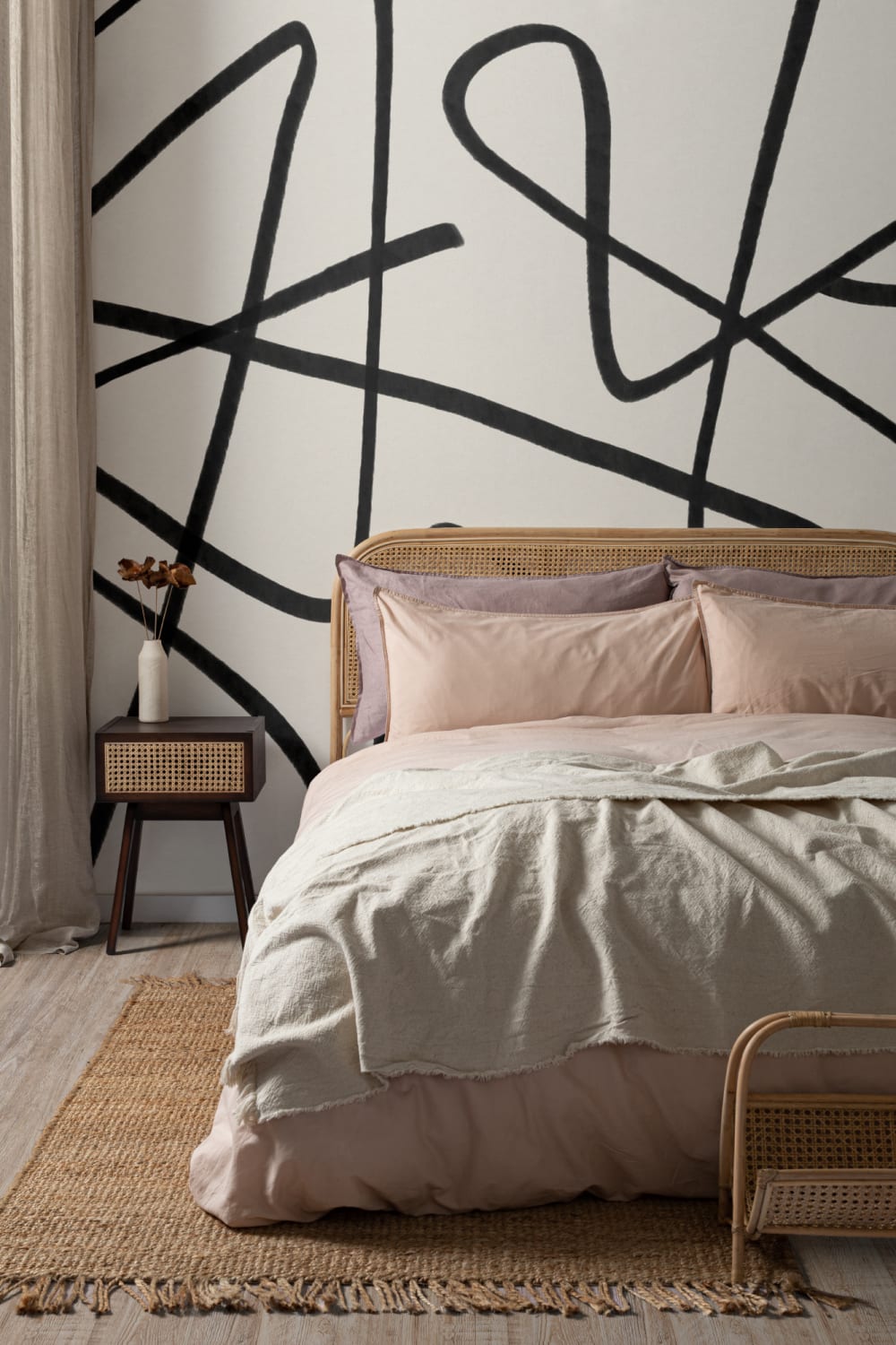 Black & Beige Abstract Line Art Wall Mural