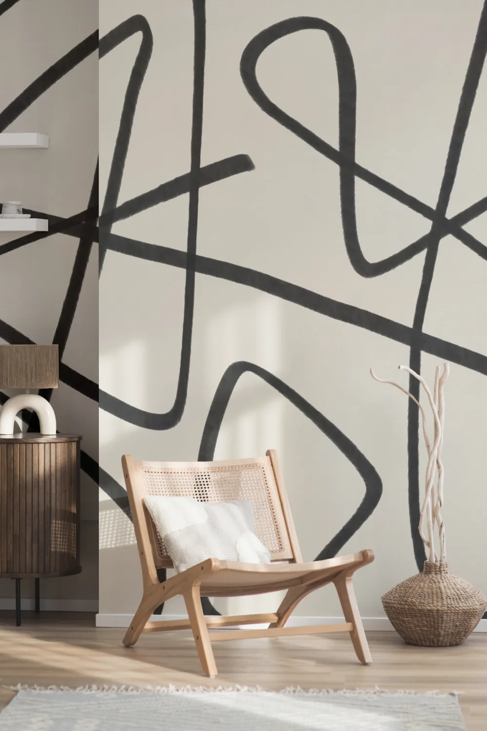 Black & Beige Abstract Line Art Wall Mural
