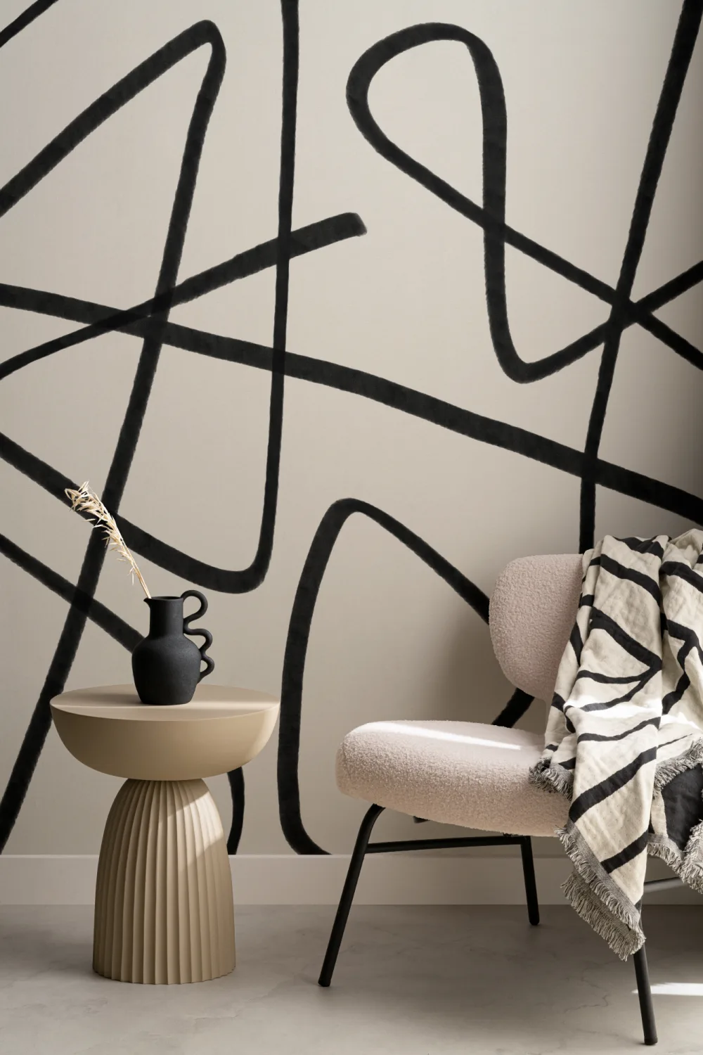 Black & Beige Abstract Line Art Wall Mural