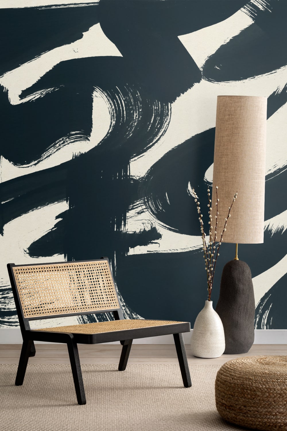 Blue Japanese Calligraphy Painted Wallpaper Mural