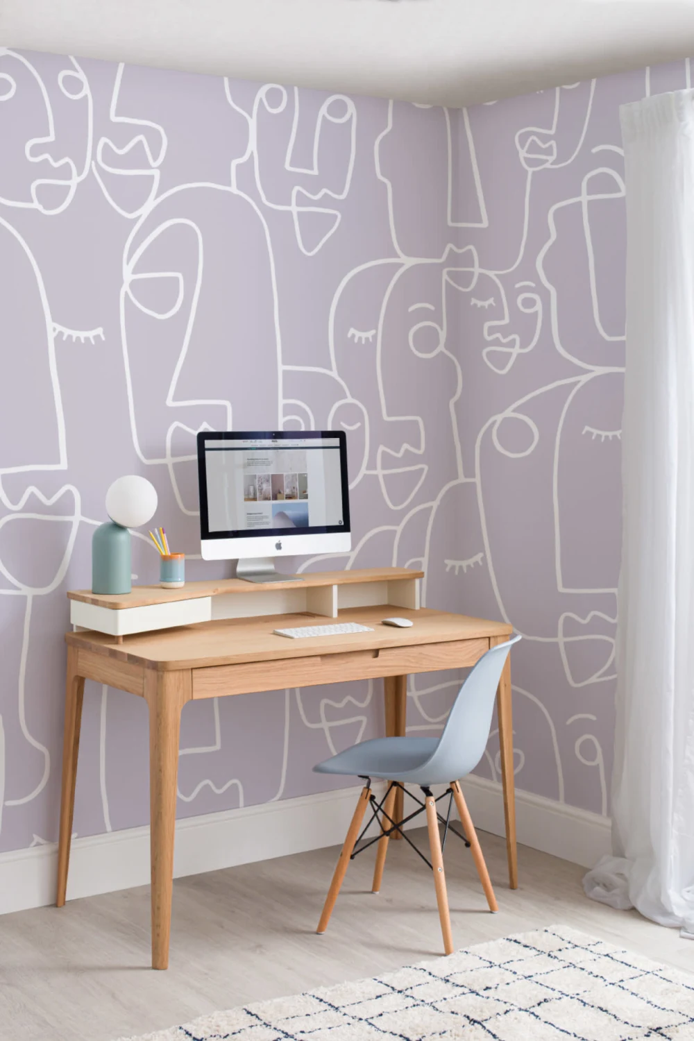 Mural de papel de parede de desenho de linhas de rosto lilás grande