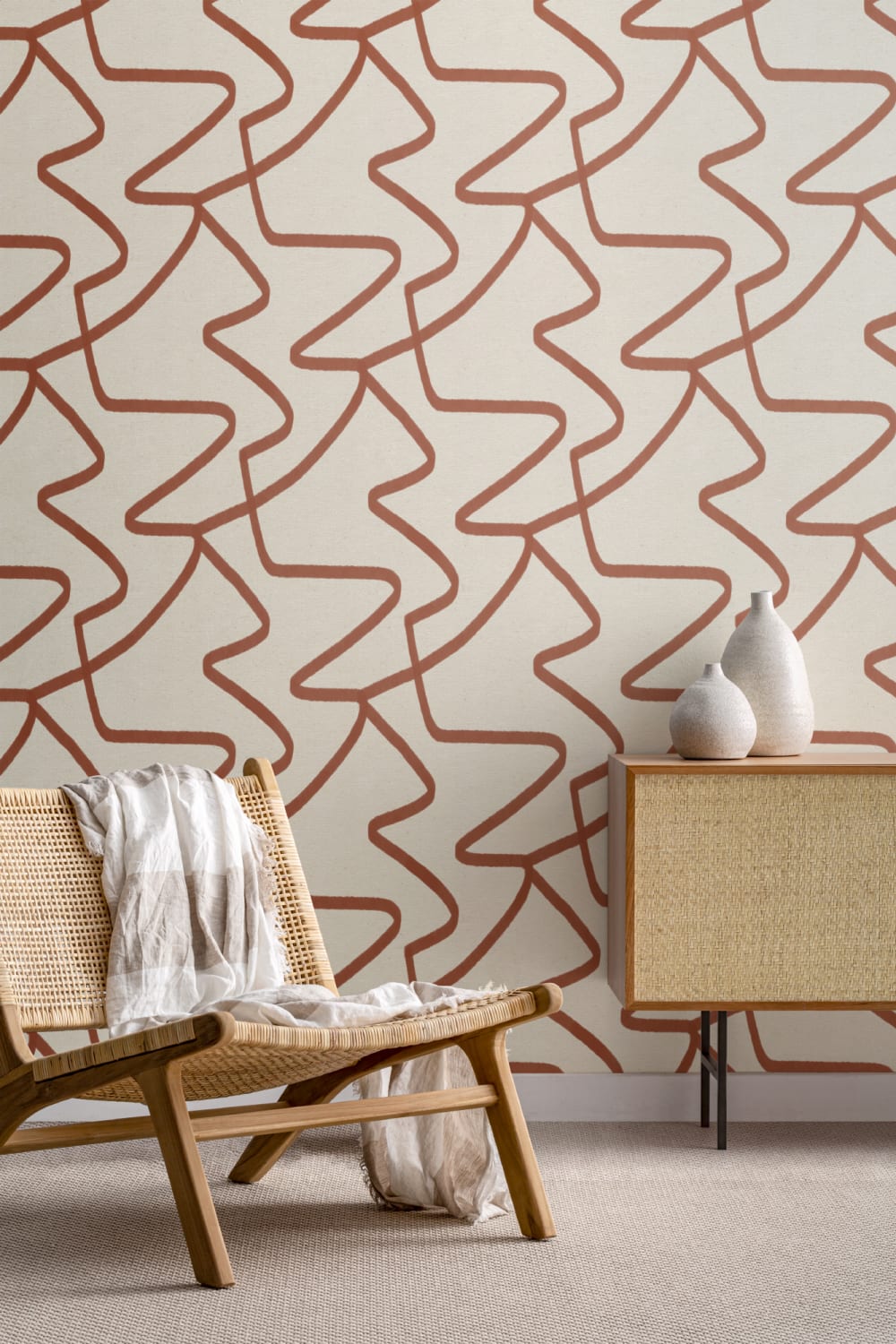 Papier Peint à Motifs de Lignes Abstraites en Couleur Terre Cuite