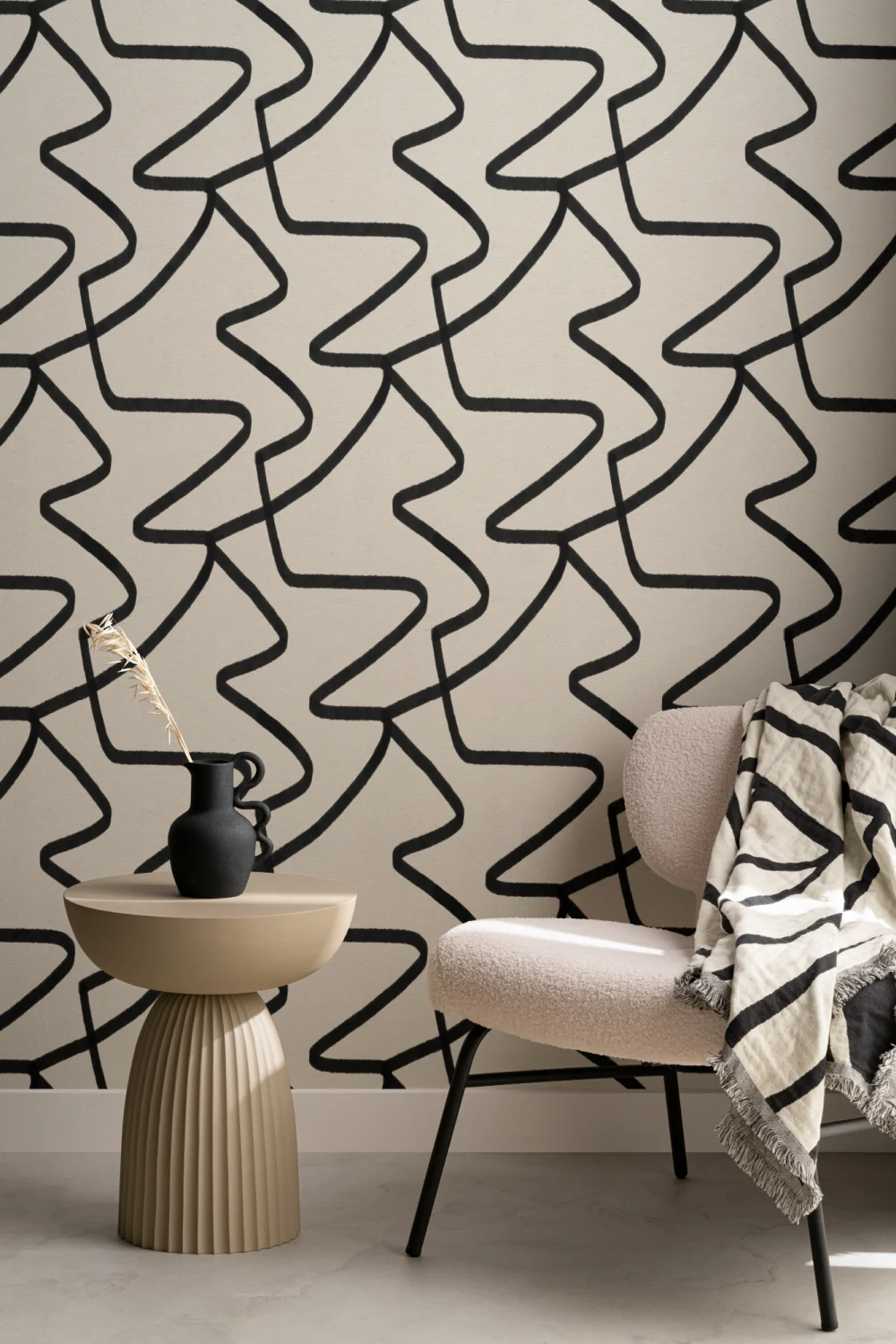 Black and Neutral Abstract Lines Repeat Pattern Wallpaper