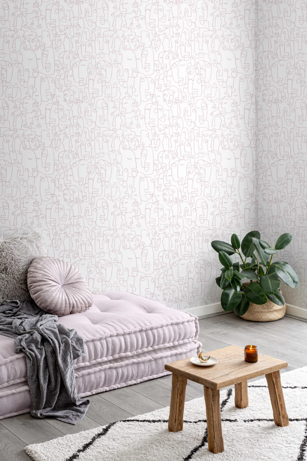 Pink Abstract Face Line Drawing Repeat Pattern Wallpaper