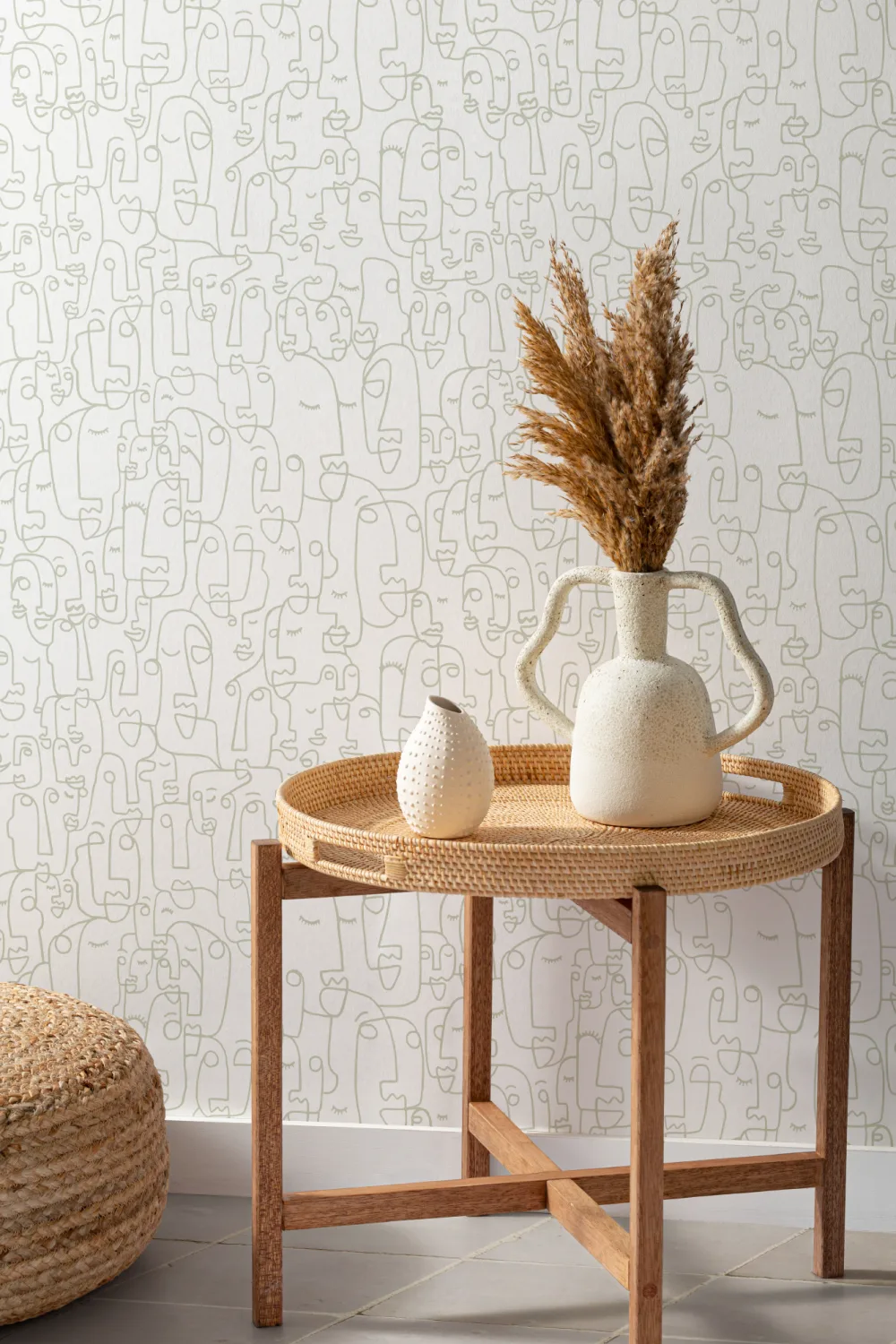 Green Abstract Face Line Drawing Repeat Pattern Wallpaper