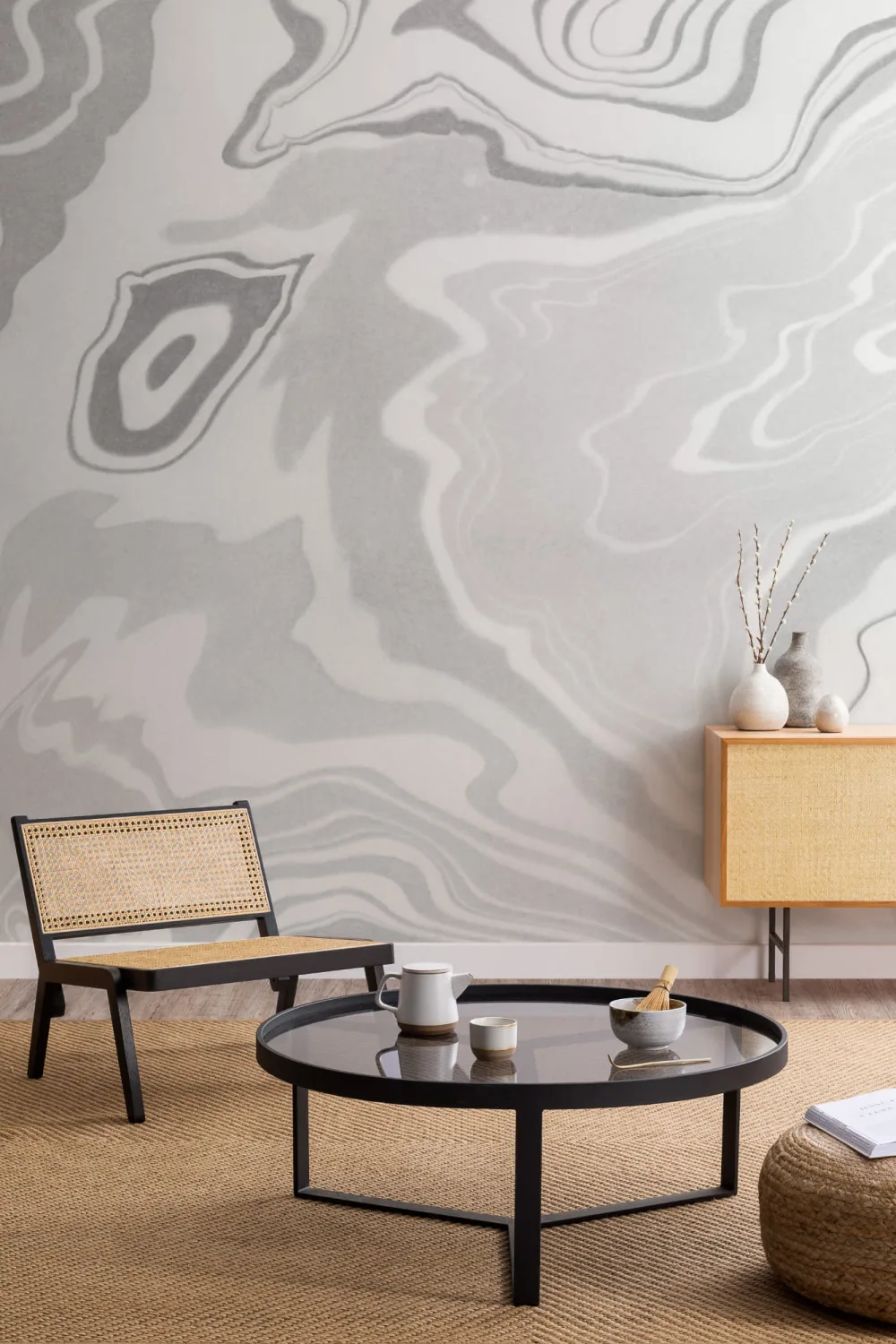 Gri Japoneză Abstract Art Suminagashi Wallpaper Mural