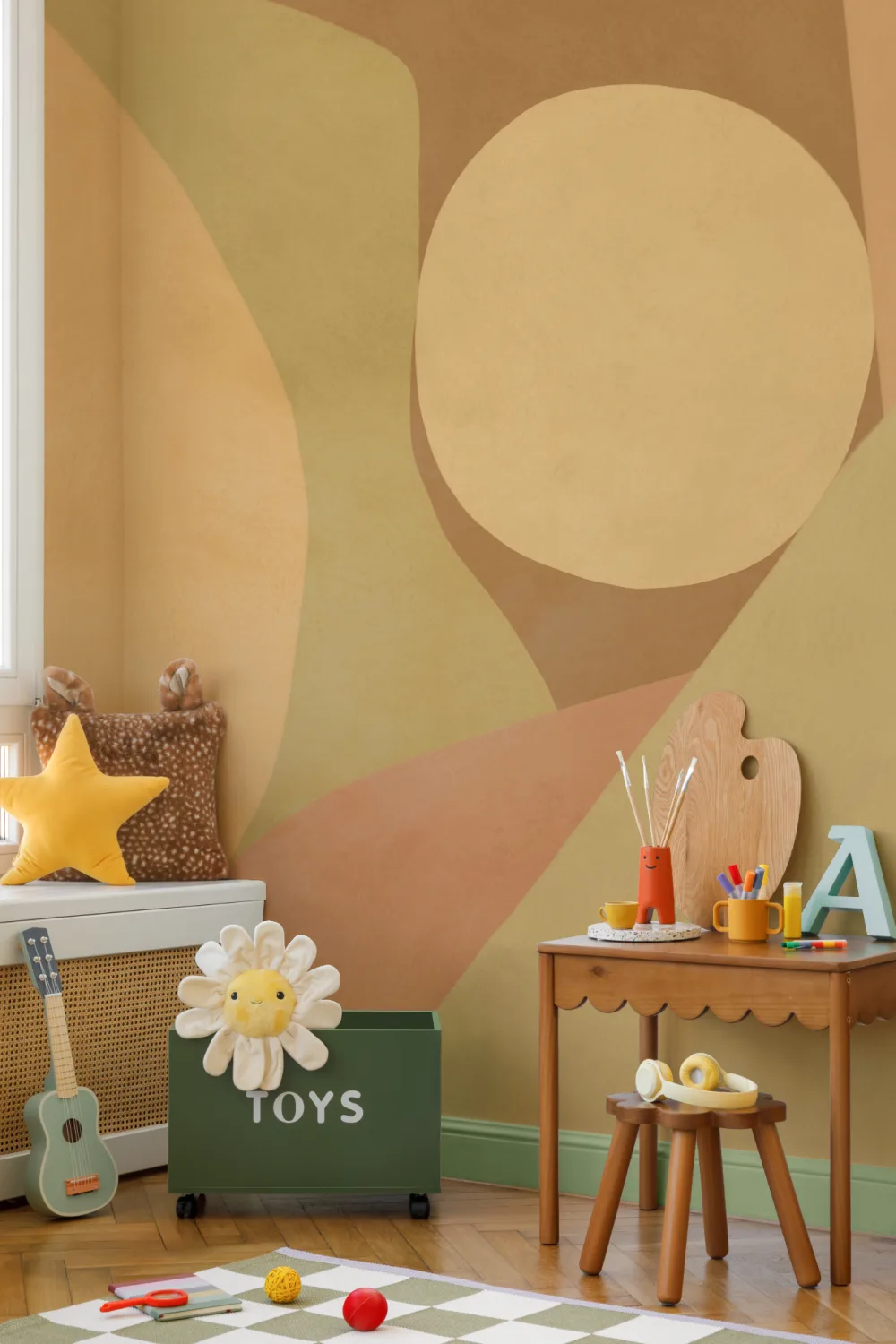 Warm Geometric Abstract Neutral Mural for Modern Spaces