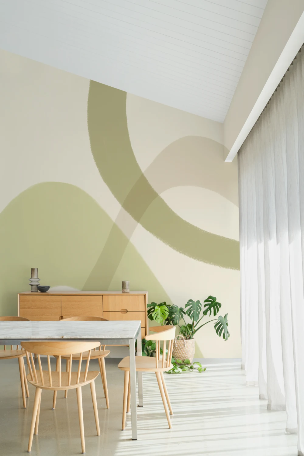 Groene abstracte eigentijdse lijnkunst muurschildering