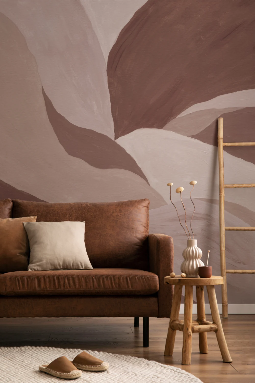 Peinture murale abstraite de feuilles en terre cuite