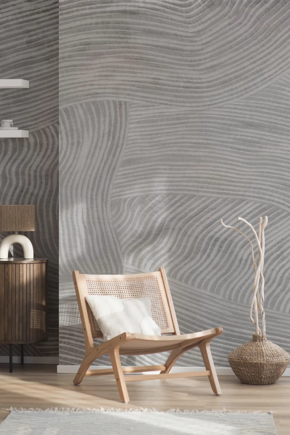 Gray Curved Flowing Shapes Mural