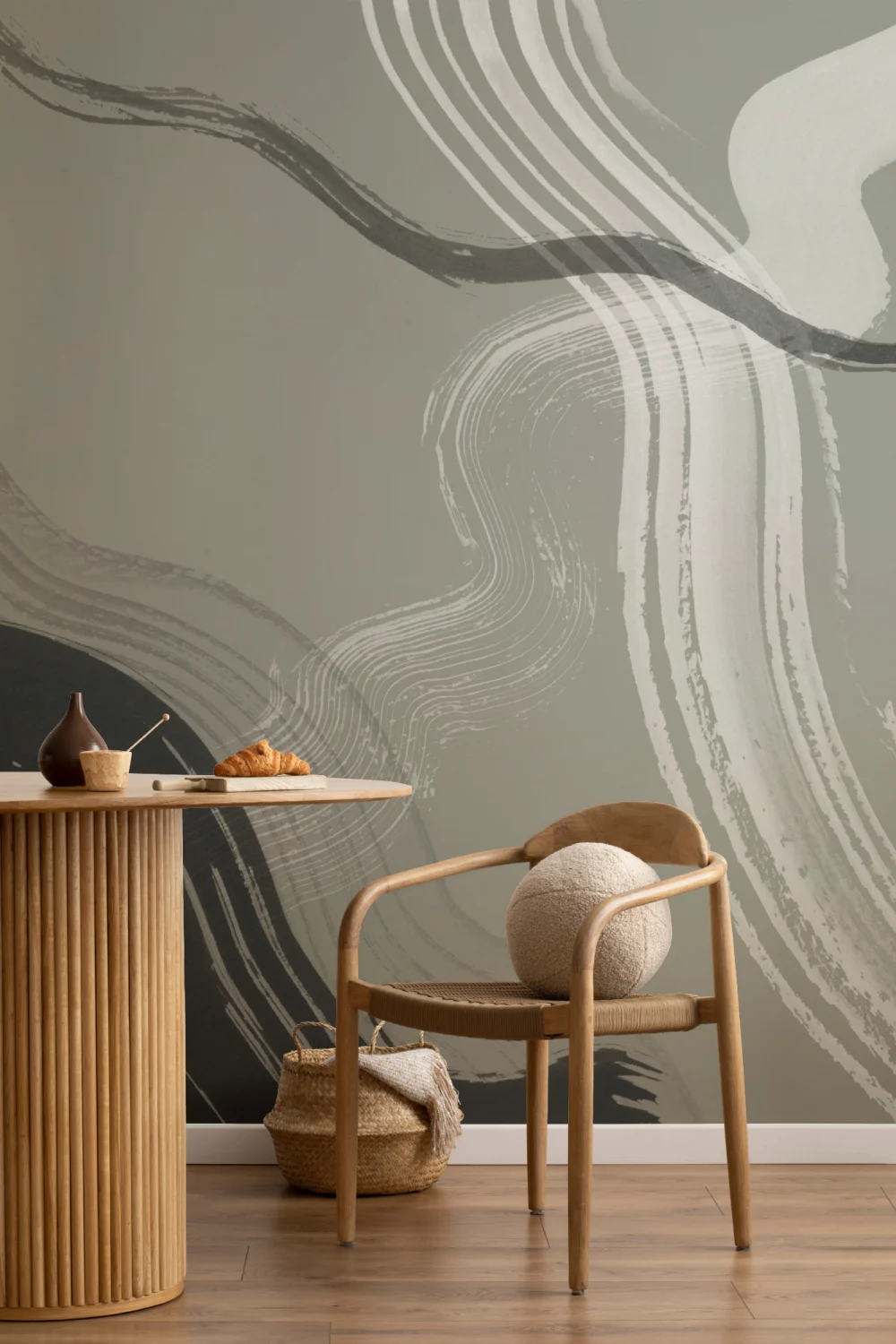 Dark Green Abstract Ink Brush Strokes Mural