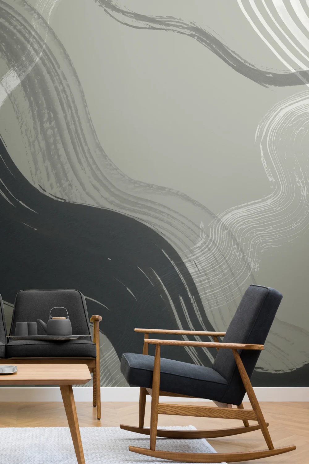 Dark Green Abstract Ink Brush Strokes Mural
