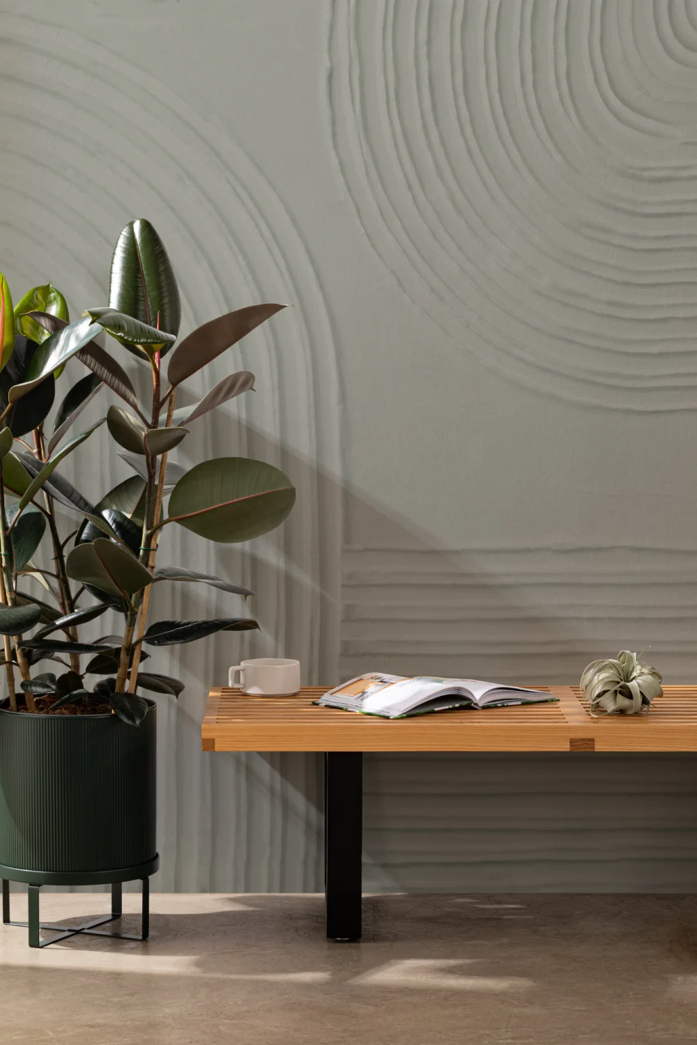Green Sculpted Abstract Curved Lines Mural