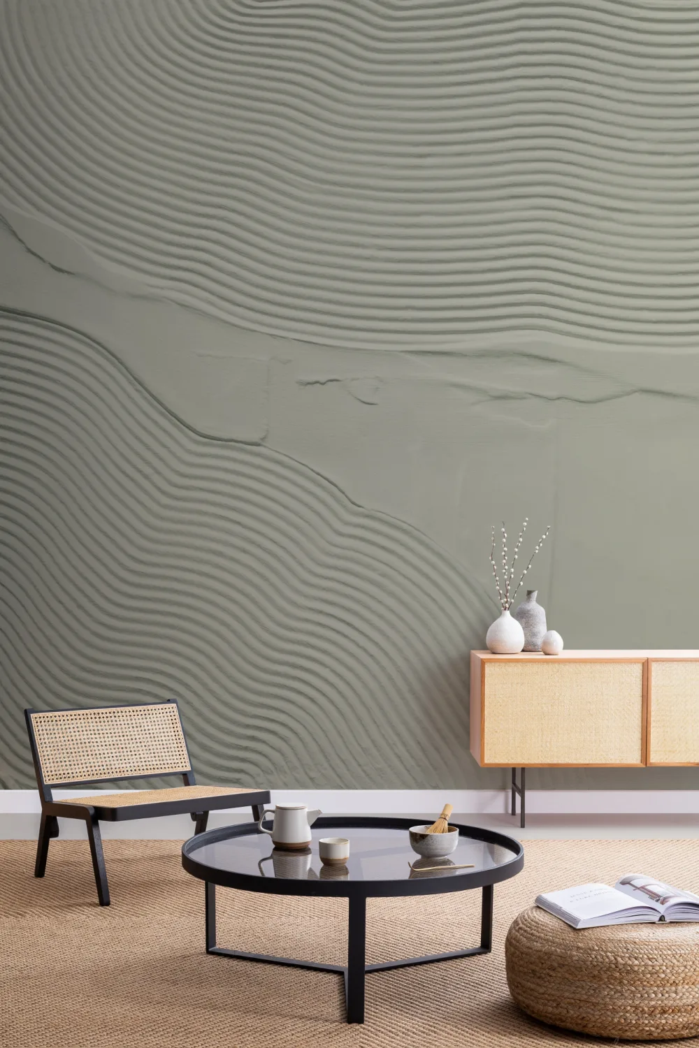 Mural de linhas abstractas esculpidas orgânicas verdes