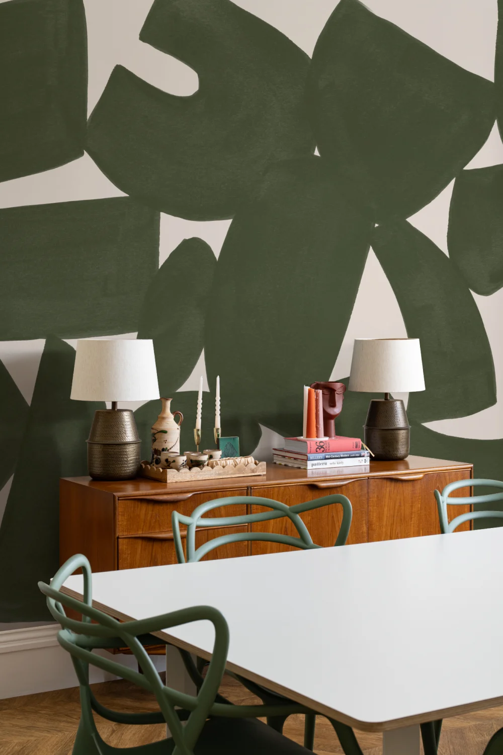 Green Abstract Hand Painted Shapes Mural
